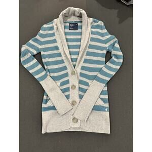 American Eagle Women’s Striped Cardigan S Blue Gray Shawl Collar Button Front